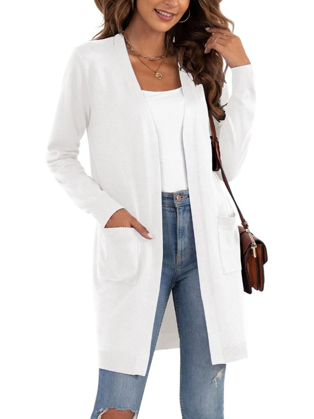 Women's White Classic Outwear Long Sleeve Open Front Cardigan Sweaters Coat